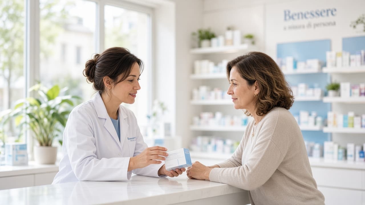 Consulenza in farmacia Mypharma: farmacista e cliente al bancone