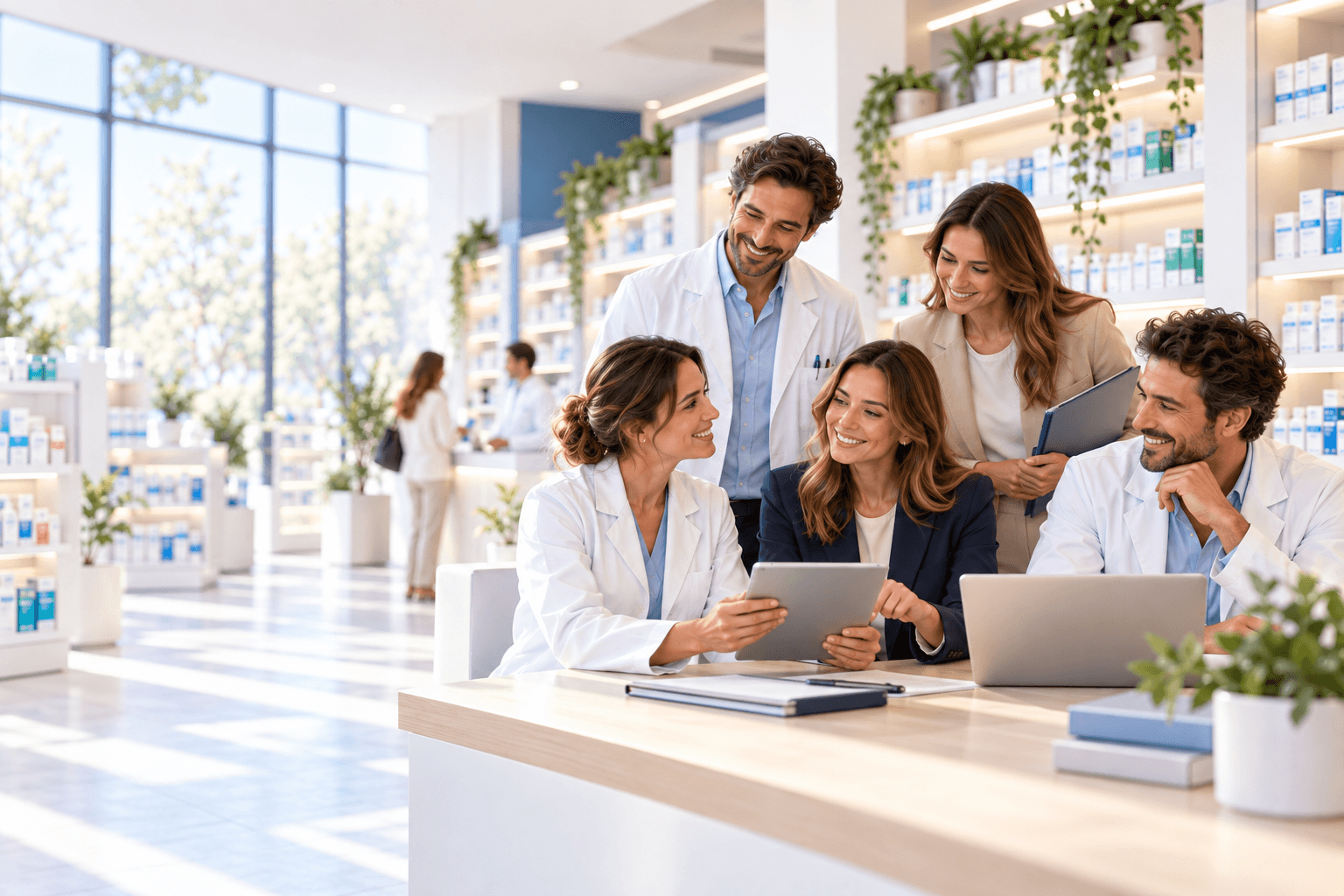Team collaborativo in una farmacia Mypharma moderna e luminosa