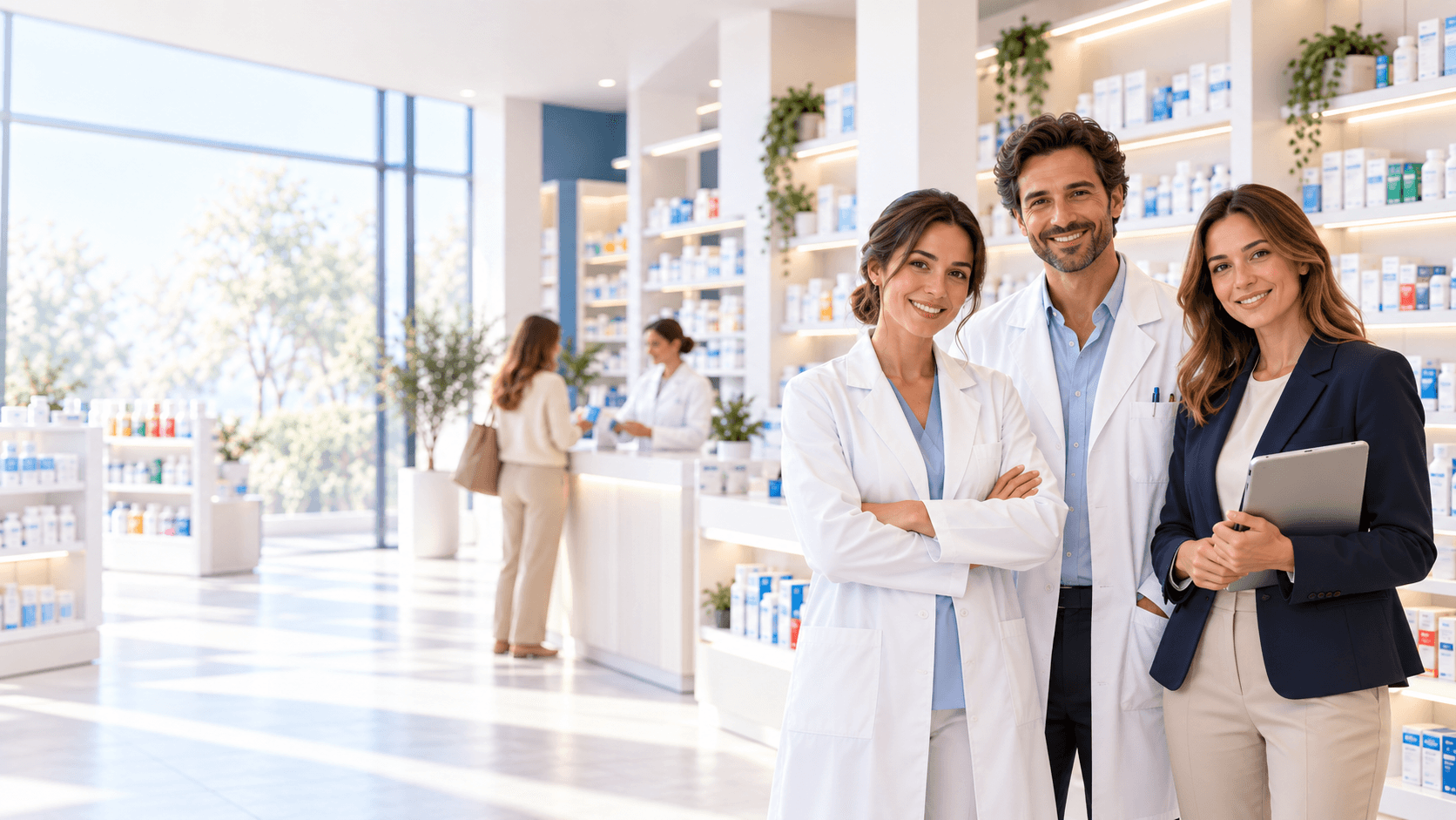 Team di una farmacia Mypharma in uno spazio moderno e luminoso